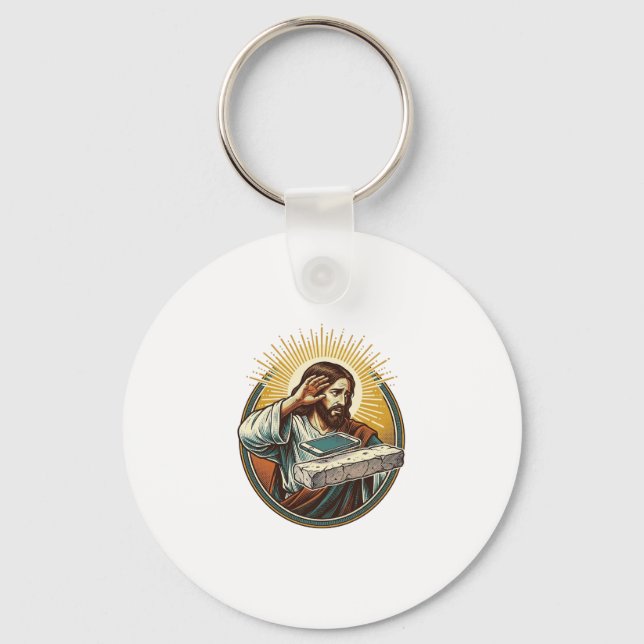 Jesus Dropped Phone Face Flat Concrete Panic Scree Key Ring (Front)
