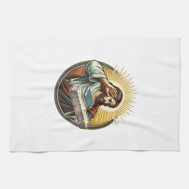 Jesus Dropped Phone Face Flat Concrete Panic Scree Tea Towel (Horizontal)