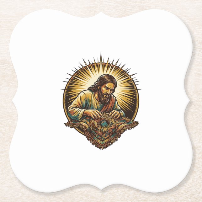 Jesus Dropped Tiny SD Card Lost Carpet Tech Humor_ Paper Coaster (Front)