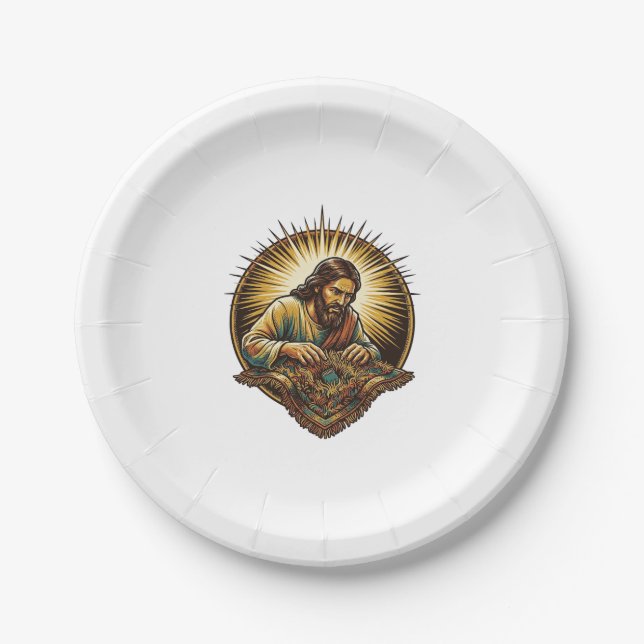Jesus Dropped Tiny SD Card Lost Carpet Tech Humor_ Paper Plate (Front)