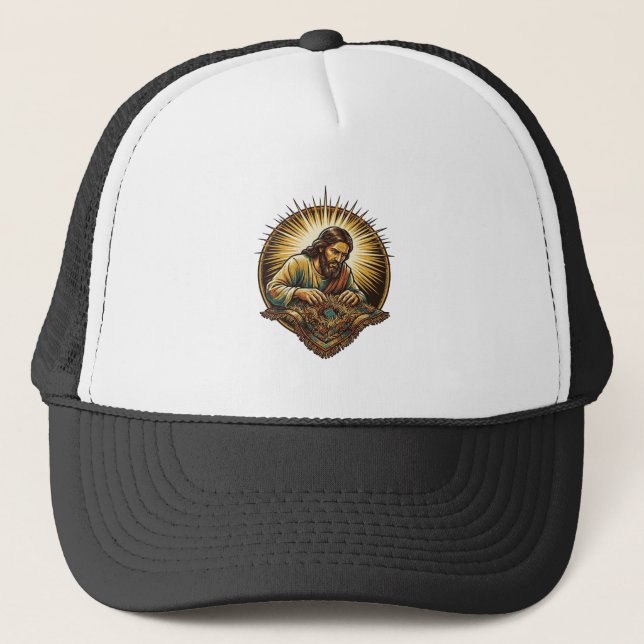 Jesus Dropped Tiny SD Card Lost Carpet Tech Humor_ Trucker Hat (Front)