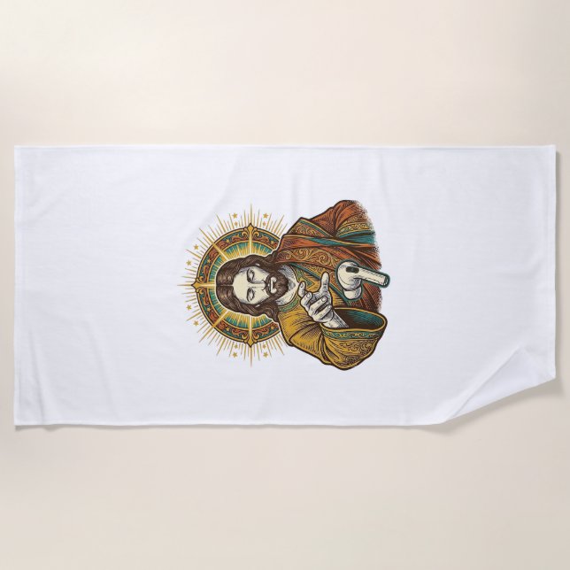 Jesus Dropped Wireless Earbud Under Desk Tech Clum Beach Towel (Front)