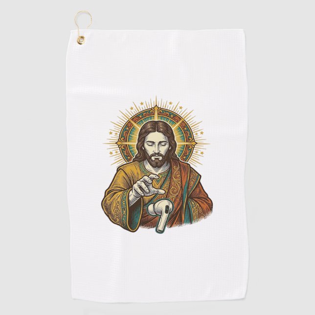 Jesus Dropped Wireless Earbud Under Desk Tech Clum Golf Towel (Front)