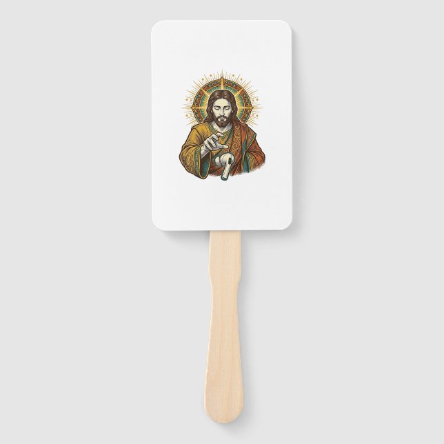 Jesus Dropped Wireless Earbud Under Desk Tech Clum Hand Fan (Front)