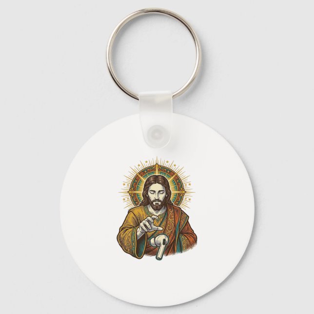 Jesus Dropped Wireless Earbud Under Desk Tech Clum Key Ring (Front)