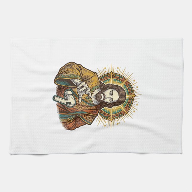 Jesus Dropped Wireless Earbud Under Desk Tech Clum Tea Towel (Horizontal)