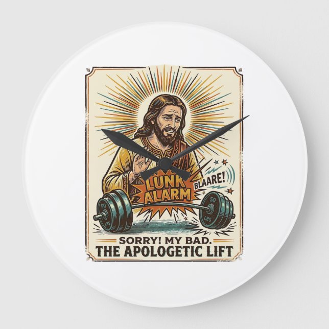 Jesus Dropping Heavy Dumbbell Loudly Gym Lunk Alar Large Clock (Front)