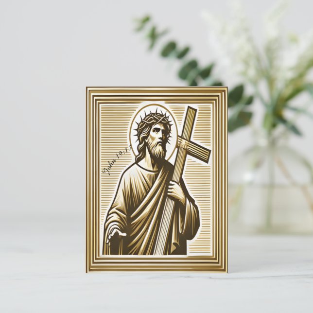 Jesus Embracing Golden Cross with Compassion Postcard (Standing Front)