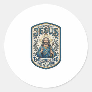 Jesus Embroidered Patch Look Jesus Embroidered Pat Classic Round Sticker
