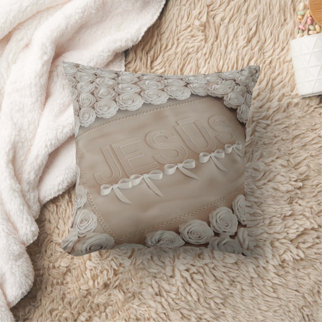JESÚS Embroidered Throw Pillow – 3D Render Beige  (Blanket)