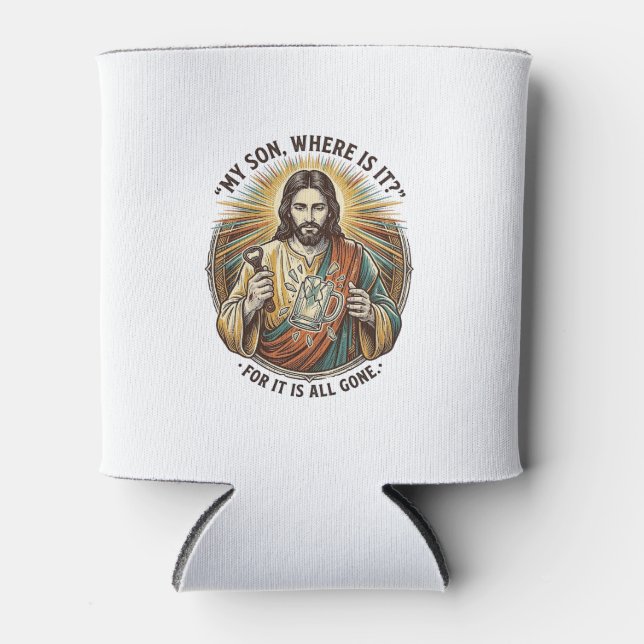Jesus Empty Broken Beer Mug Bartender Drinking Hum Can Cooler (Front)