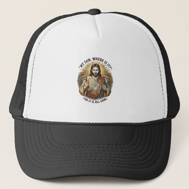 Jesus Empty Broken Beer Mug Bartender Drinking Hum Trucker Hat (Front)