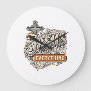 Jesus Everything Vintage Christian Typography Desi Large Clock