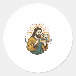 Jesus Eyes Closed Tagged Group Photo Unflattering  Classic Round Sticker