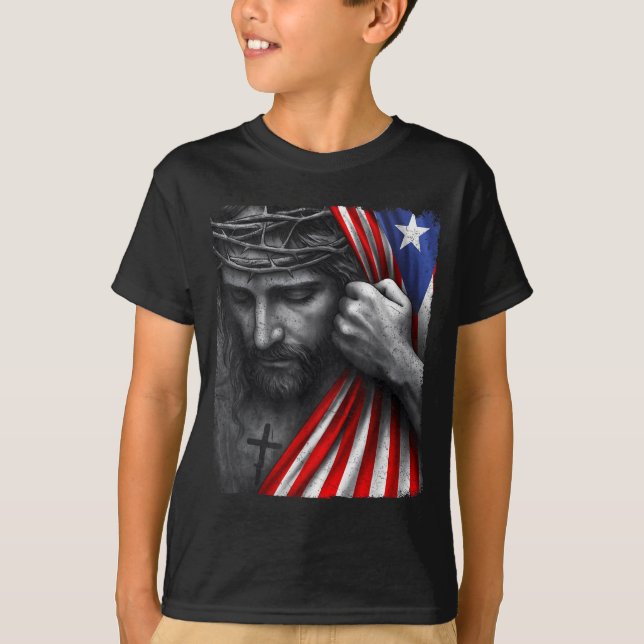 Jesus Faith Cross Crown America Puerto Rico Herita T-Shirt (Front)