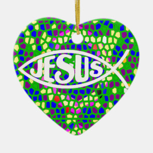 JESUS FISH ICHTHYS GREEN STAINED GLASS WINDOW CERAMIC TREE DECORATION