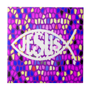 JESUS FISH ICHTHYS STAINED GLASS WINDOW PURPLE TILE