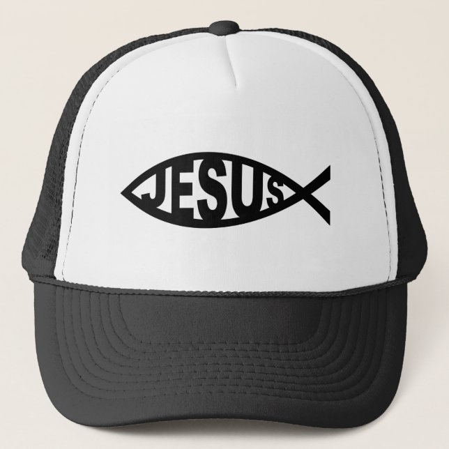 jesus fish religion symbol chistian church text trucker hat (Front)