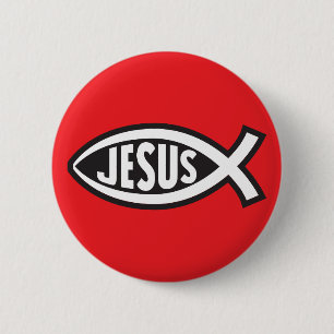 Jesus Fish Secret Symbol Ichthys ΙΧΘΥΣ God Son Red 6 Cm Round Badge