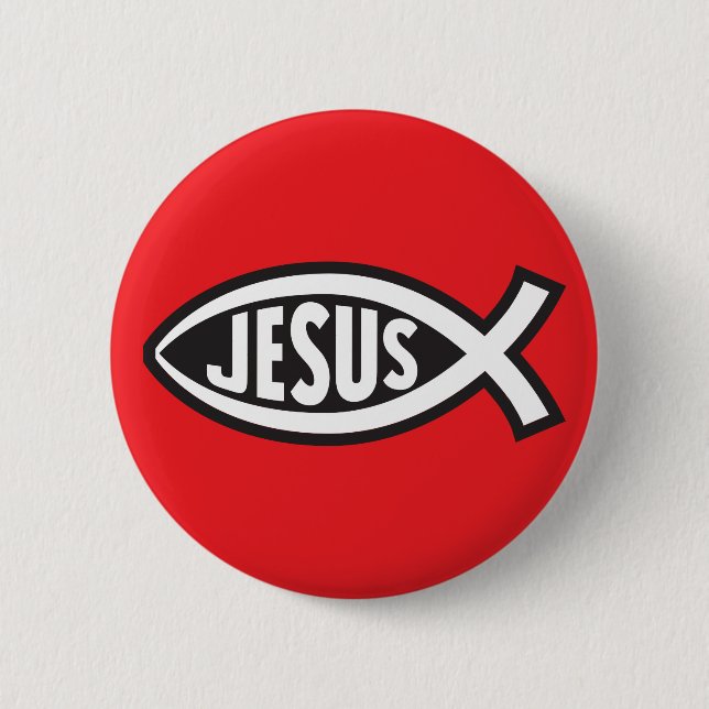Jesus Fish Secret Symbol Ichthys ΙΧΘΥΣ God Son Red 6 Cm Round Badge (Front)