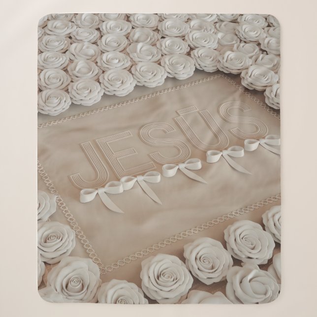 JESÚS Fleece & Sherpa Blanket – White Roses & (Front)
