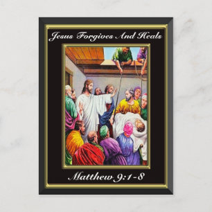 Jesus Forgives and Heals Matthew 9:1-8 black Postcard