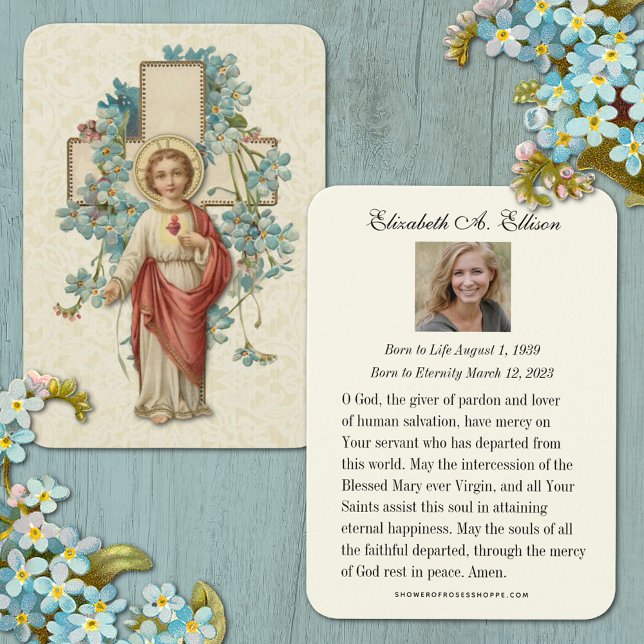 Jesus Funeral Memorial Prayer Holy Card (Traditional Catholic Sacred Heart of Jesus Floral Funeral Prayer Card)