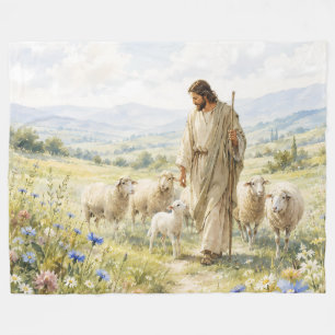 Jesus Good Shepherd Wildflower Watercolor Fleece Blanket