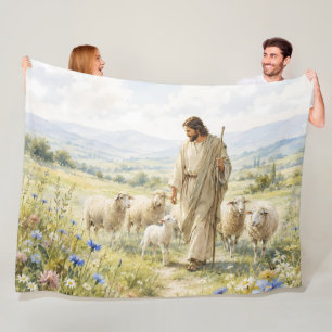 Jesus Good Shepherd Wildflower Watercolor Fleece Blanket