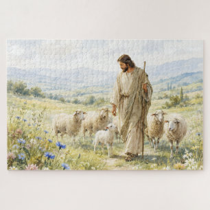 Jesus Good Shepherd Wildflower Watercolor Jigsaw Puzzle