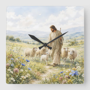 Jesus Good Shepherd Wildflower Watercolor Square Wall Clock