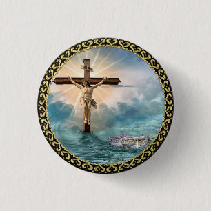 Jesus hanging from a christian crucifixion cross. 3 cm round badge