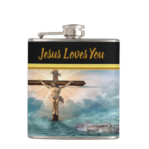 Jesus hanging from a christian crucifixion cross hip flask
