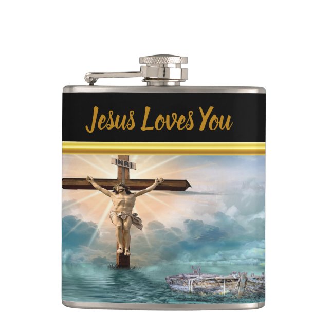 Jesus hanging from a christian crucifixion cross hip flask (Front)