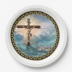 Jesus hanging from a christian crucifixion cross. paper plate