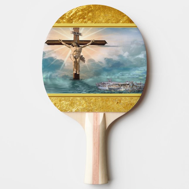 Jesus hanging from a christian crucifixion cross ping pong paddle (Front)