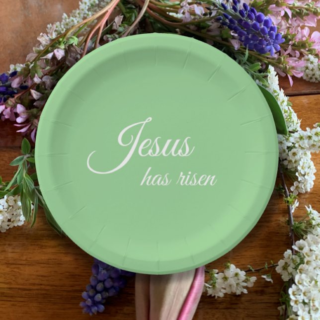 Jesus Has Risen Elegant Green Christian Easter Paper Plate (Jesus has risen custom elegant script on mint green paper plates. Easter Christian party table set.
)