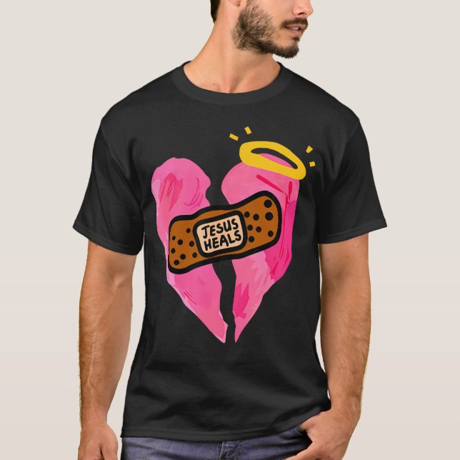 Jesus Heals Broken Heart Print Bandages Bandaids T-Shirt (Front)