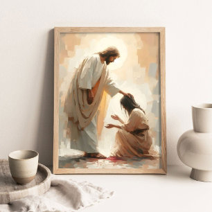 Jesus Heals the Bleeding Woman, Christian Painting Poster