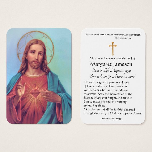 Jesus Heart Catholic Funeral Memorial Holy Card - (Front & Back)