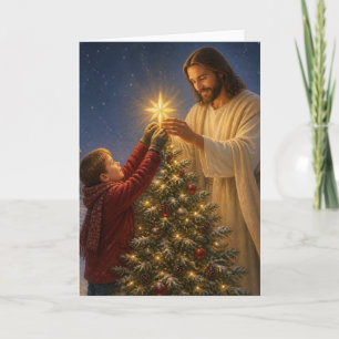 Jesus Helps Little Boy Decorate Christmas Tree Holiday Card