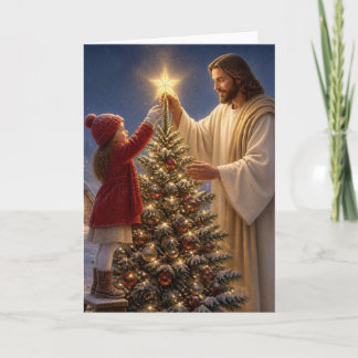 Jesus Helps Little Girl Decorate Christmas Tree Holiday Card