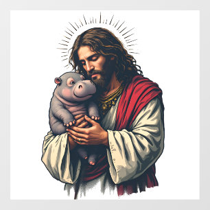 Jesus Holding a Baby Moo Deng Hippo 