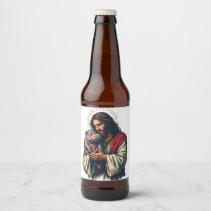 Jesus Holding a Baby Moo Deng Hippo Beer Bottle Label