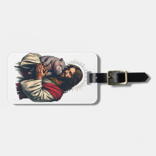 Jesus Holding a Baby Moo Deng Hippo Luggage Tag