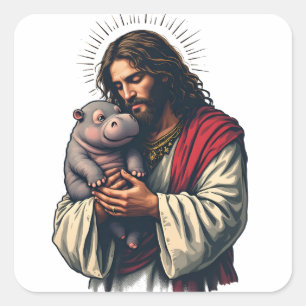 Jesus Holding a Baby Moo Deng Hippo Square Sticker