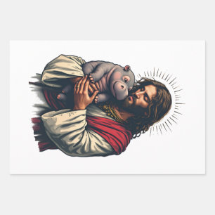 Jesus Holding a Baby Moo Deng Hippo  Wrapping Paper Sheet