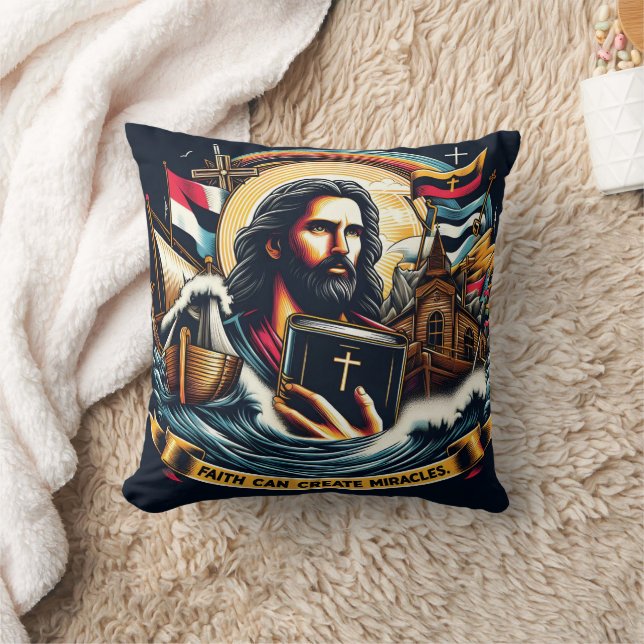 Jesus holding a bible amidst waves and symbols cushion (Blanket)