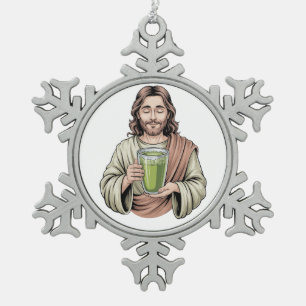 Jesus Holding a Matcha Green Drink Christian Snowflake Pewter Christmas Ornament