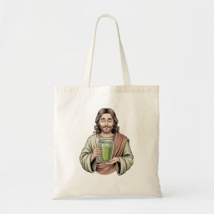 Jesus Holding a Matcha Green Drink Christian Tote Bag
